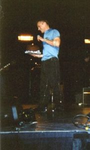 Larry Mullen Junior with his 40th birthday cake during U2's Elevation Tour in Providence, October 31st 2001